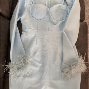 Fashion Nova Light Blue Long Sleeve Dress with Feather Cuffs